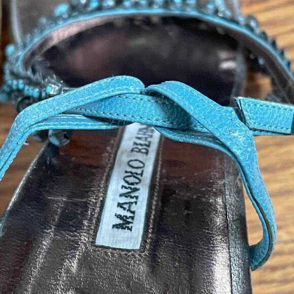 Manolo Blahnik Strappy Sandals with Turquoise Beaded Accents, EU 39.5 - Picture 15 of 16
